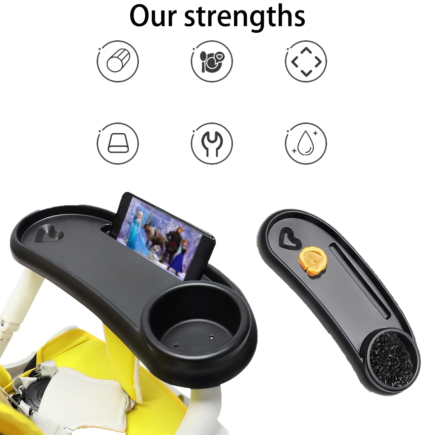 3 In 1 Vassoio Snack Universale per Passeggino, Vassoio Snack per Passeggino, Piatto Cibo per Carrozzina, Fibbia Regolabile 360 Gradi, Rimovibile, per Maggior Parte Dei Passeggini Con Braccioli, Nero