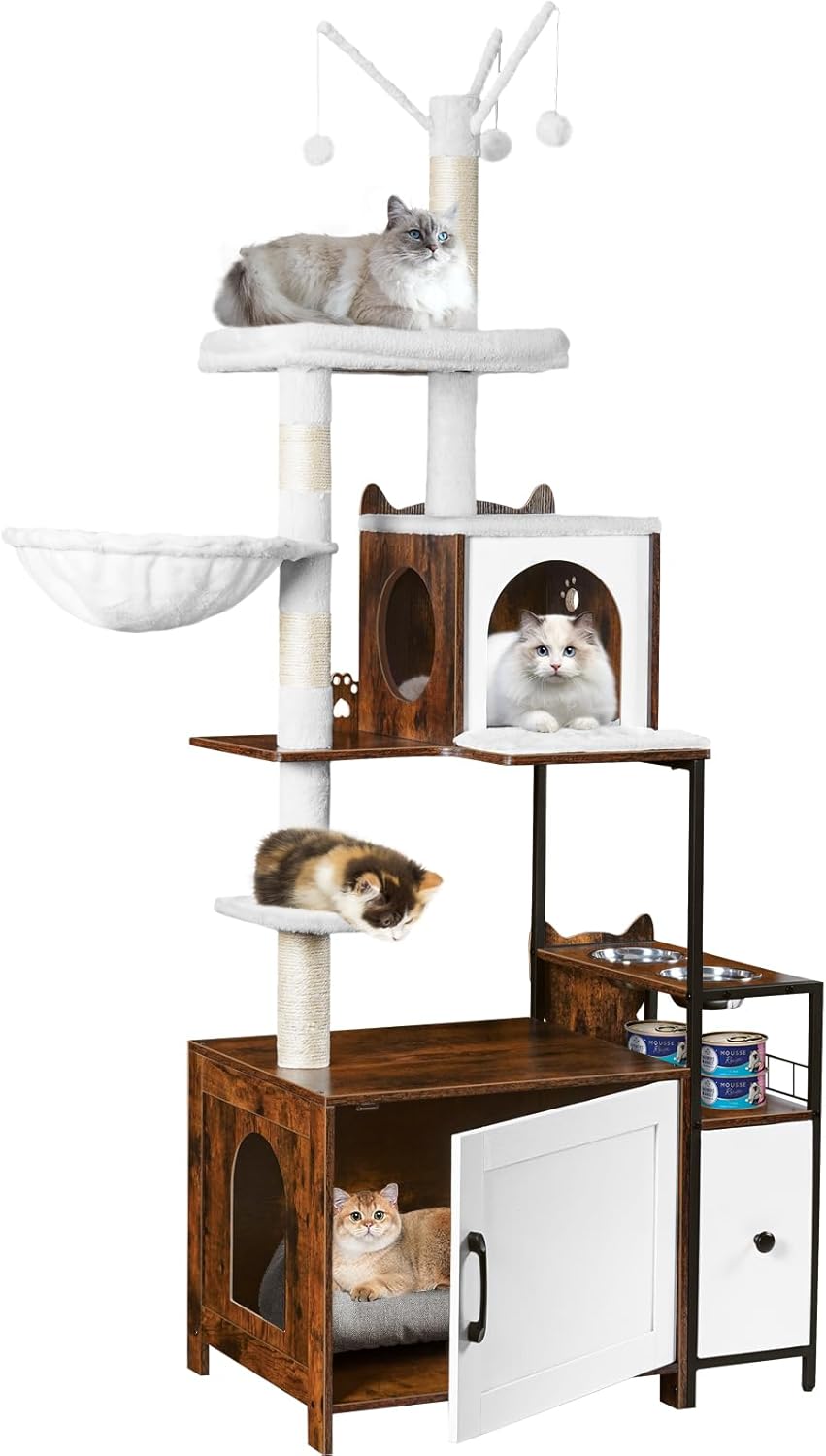 Snughome Cat Tree with Litter Box Enclosure, 3-in-1 Modern Cat Tower for Indoor Cats, 67.32’’ Hidden Cat Litter Box Furniture with Cat Condo, Food Station and Hammocks, All-in-one Cat Furniture Dark Brown