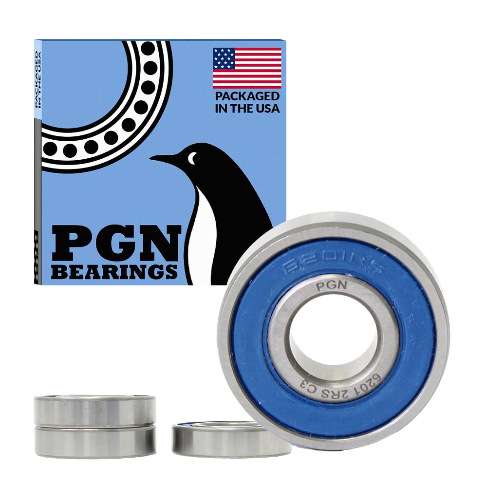 PGN (4 Pack) 6201-2RS Bearing - Lubricated Chrome Steel Sealed Ball Bearing - 12x32x10mm Bearings with Rubber Seal & High RPM Support