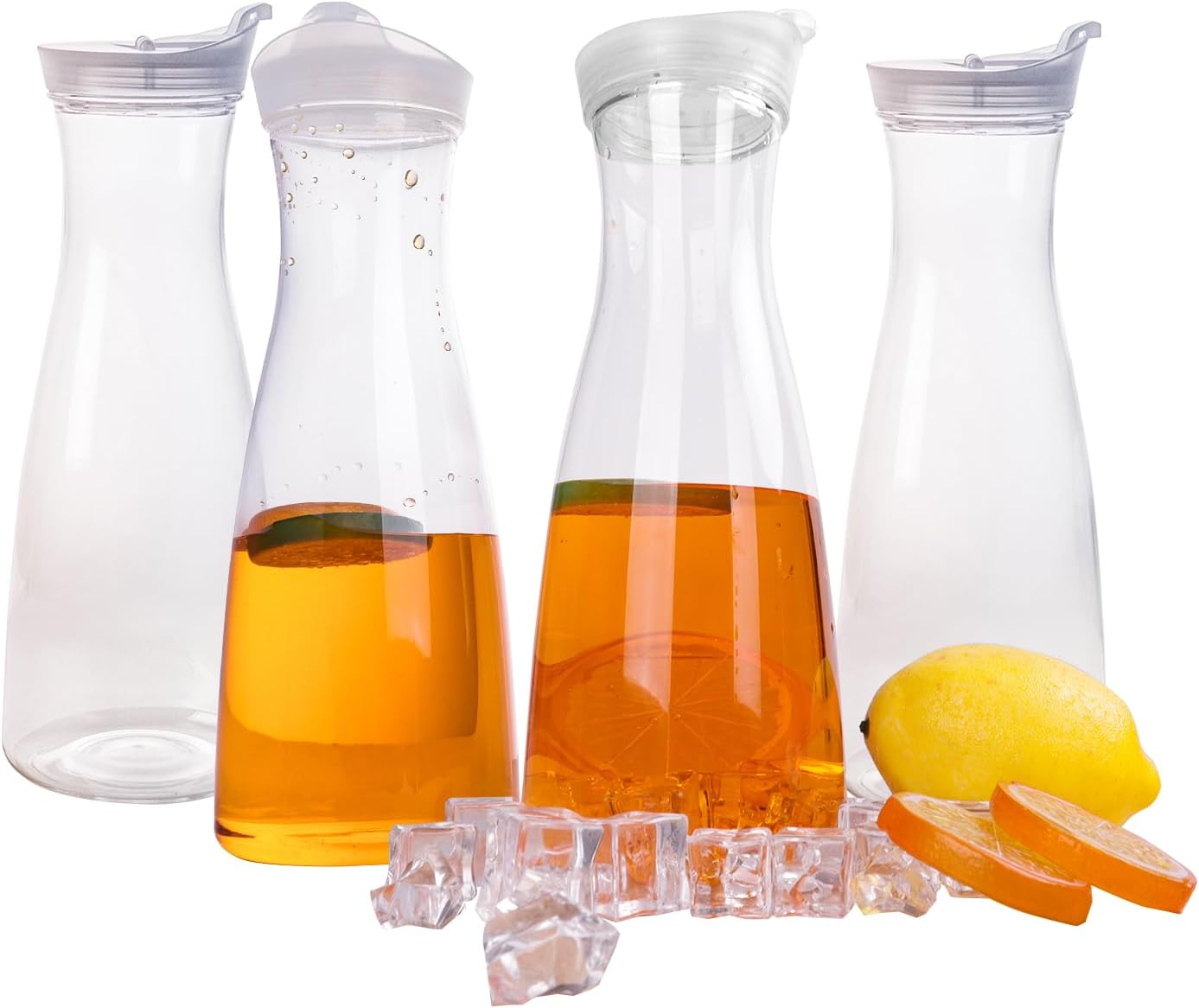 4 pack 35oz Plastic Water Carafe with Flip Top Lid, Round Base Juice Containers for Mimosa Bar - BPA-Free Leakproof Beverage Pitcher for Water, Iced Tea, Milk & Fridge Storage(4Pack/35oz )