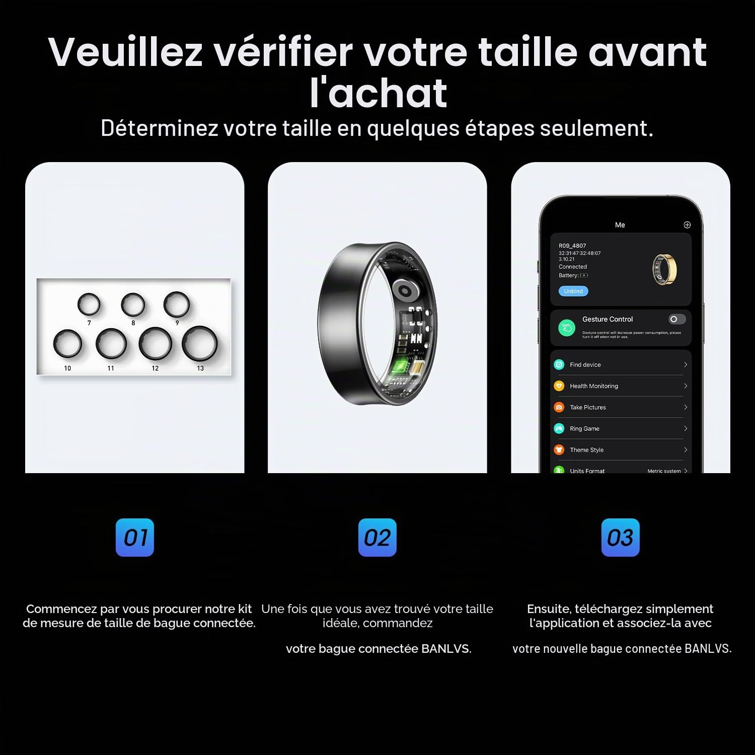Bague Connectée, Boîtier de Recharge Inclus, Smart Ring avec 24/7 Fréquence Cardiaque HRV SpO2 Sommeil Stress, 176 Sport,Étanche IP68, APP sans Abonnement iOS Android, Noir, 62.8mm(10)
