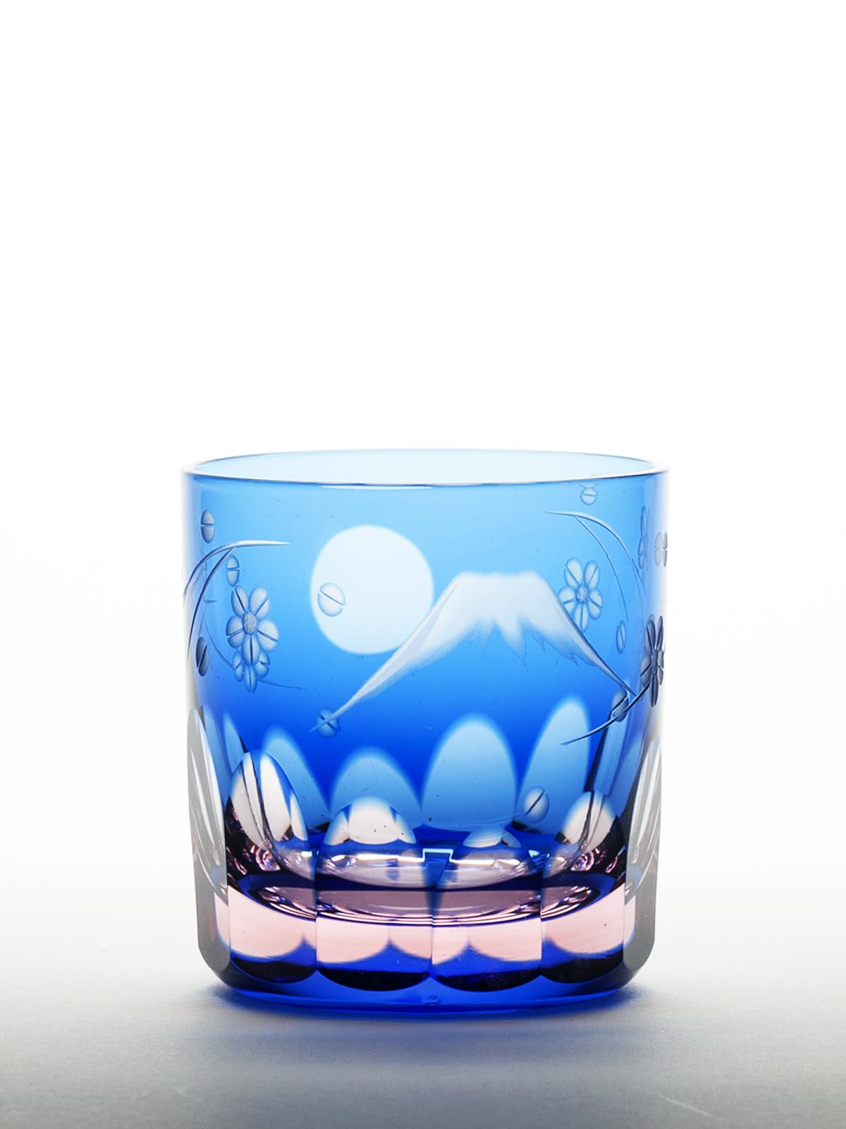 Glass Workshop Saiho Edo Kiriko Guinomi Blue Pink Fuji Cherry Blossom Pattern, Wooden Box, Glass