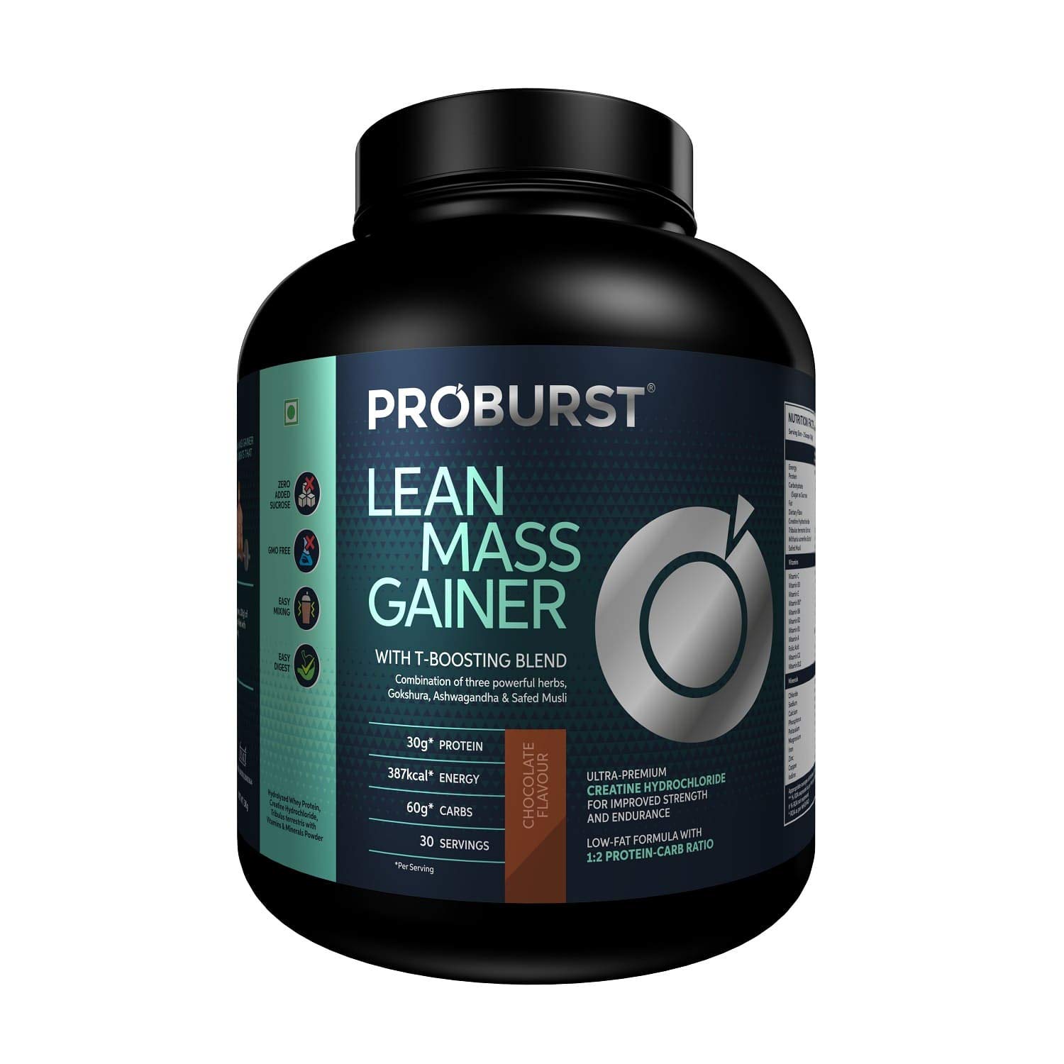 Proburst Lean Mass Gainer With T-BOOSTING BLEND Combination of Three Powerful Herbs GOKSHURA,ASHWAGANDHA, & SAFED MUSLI with 30g Protein,387 Kcal Energy,60 carbs, 30 serving (3 Kg - Chocolate)