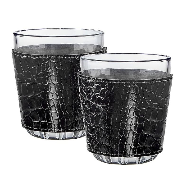 Set de 2 vasos con envoltura de cuero negro croco