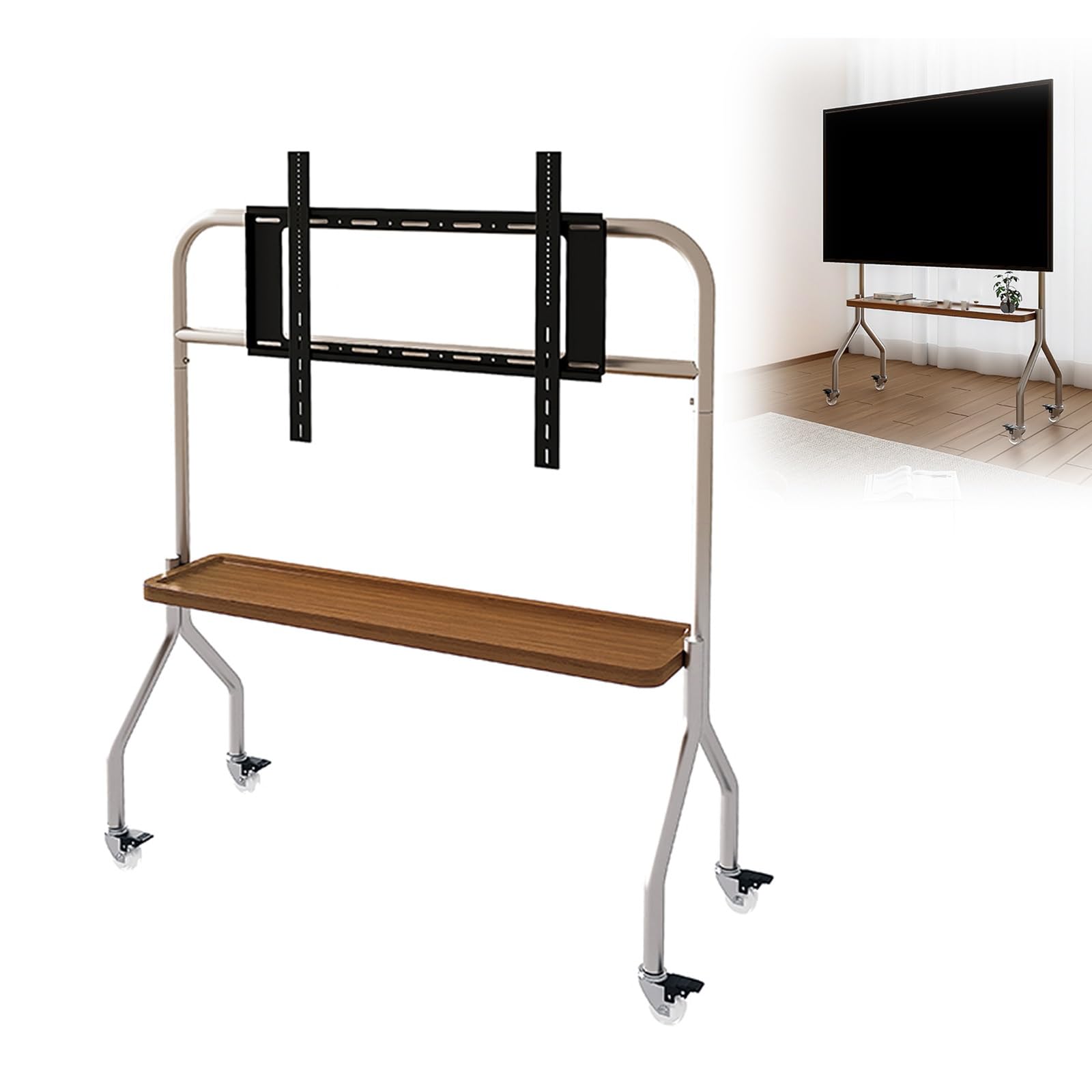 Porta TV da Terra Mobile per Schermo da 49-75 Pollici, Mobili Porta TV da Terra, capacità di Carico 50 kg, Comodo Spazio di Archiviazione, per Aziende, Uffici, Scuole(Brown)