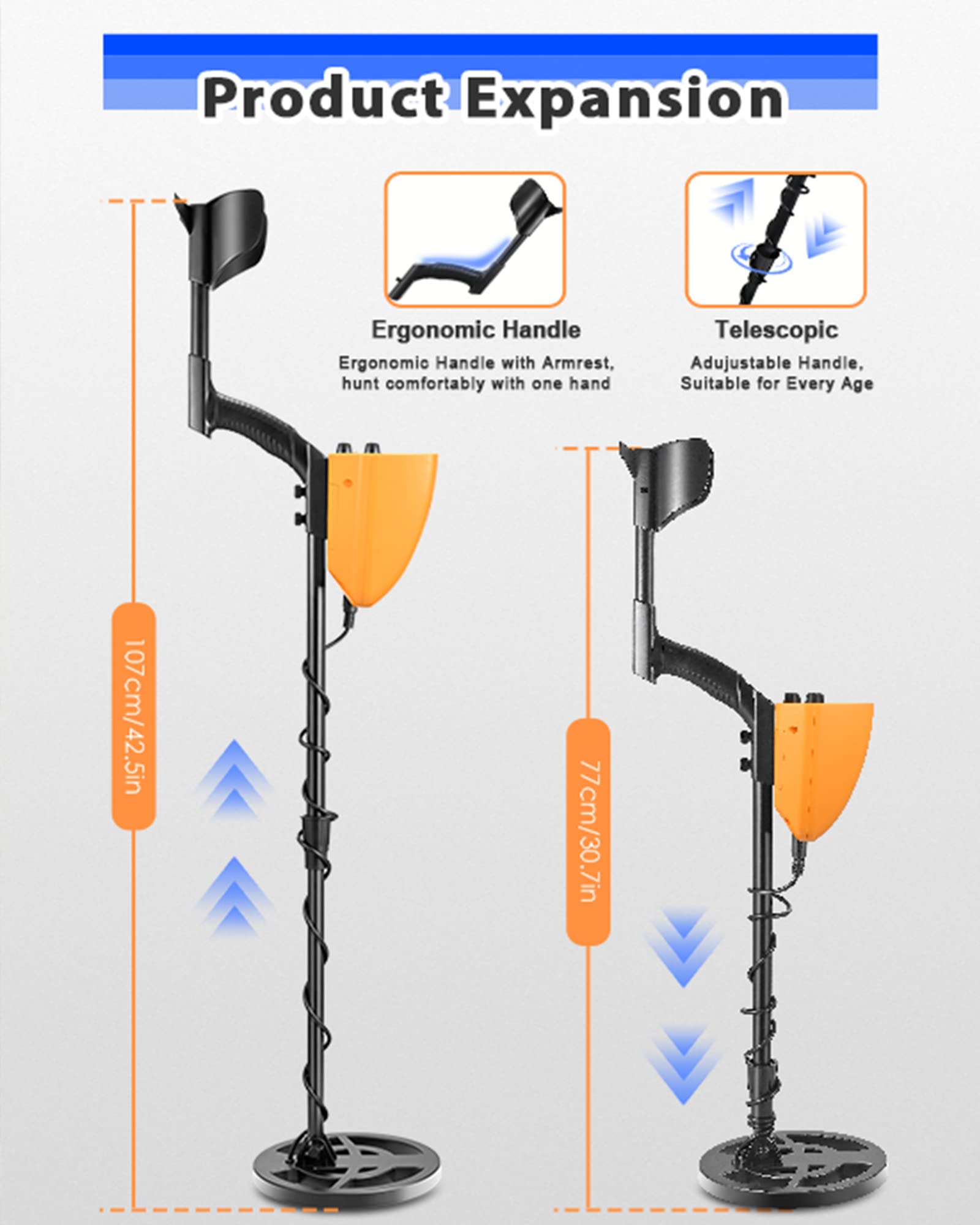 Détecteurs de Métaux Haute Précision Hauteur Réglable 78-108cm, Professionnel Détecteurs de Métaux Bobine de Recherche Étanche de20 cm Profondeur Maximale 25 cm avec pour Enfants et Adultes