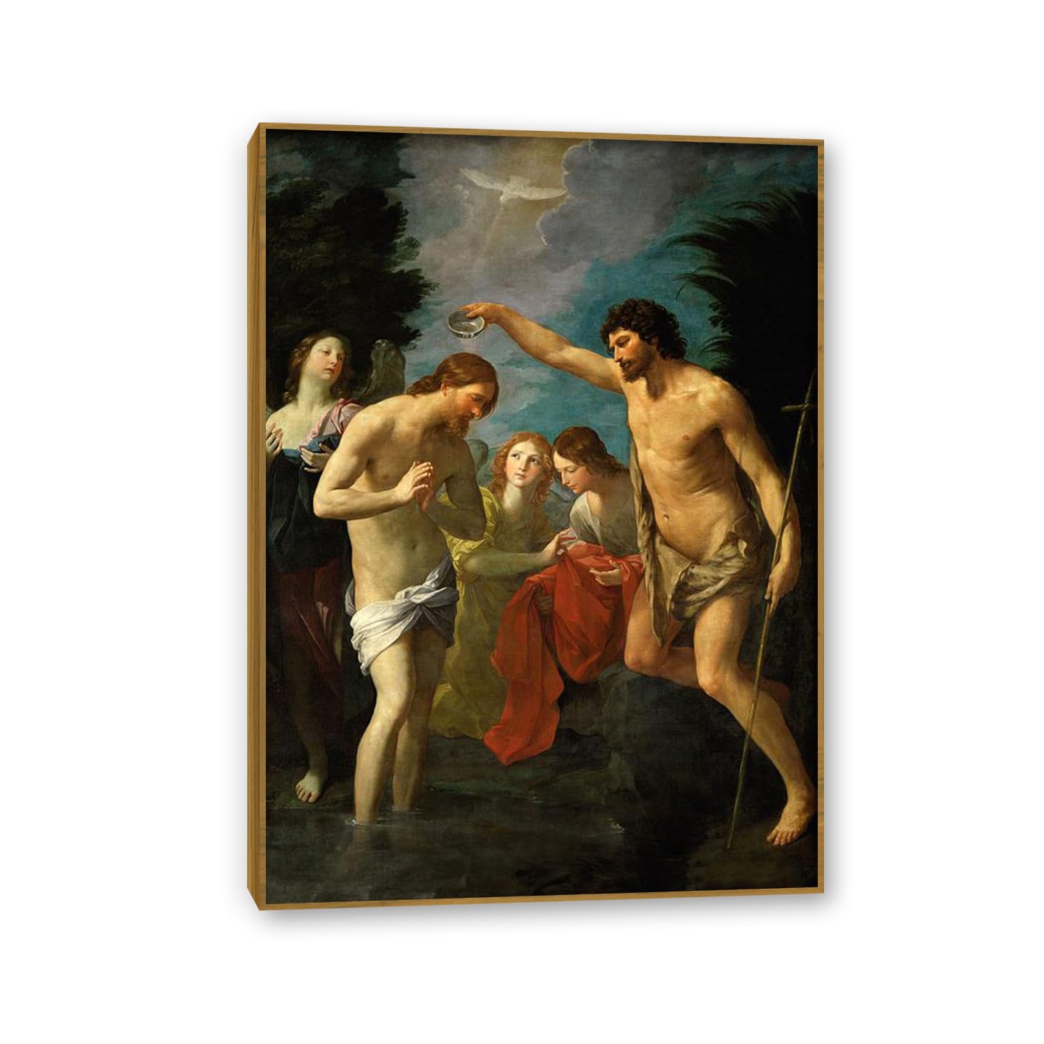 MYCGGDGH Guido Reni Canvas Print Wall Art the Baptism of Christ Famous Giclee Art Religious Paintings Artwork Picture Poster Wall Decor for Living Room Offices Church 100x70cm(33x28in) Teak Frame