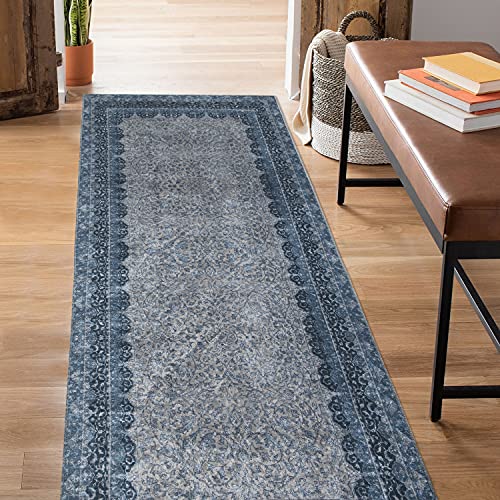 Mylife Rugs Traditional Vintage Non Slip Machine Washable Printed Area Rug, Blue Grey 2'7X7'7 #TOP2