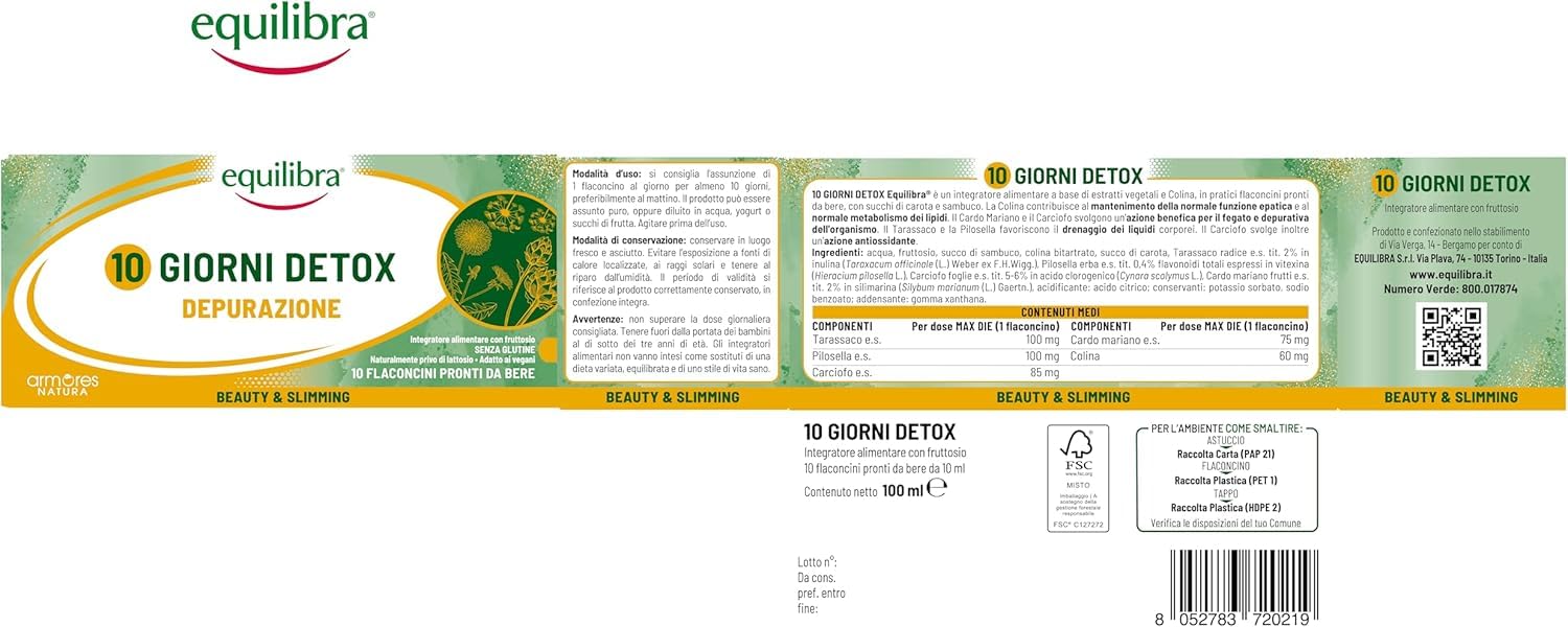 Equilibra 10 giorni Detox, 10 flaconcini, Integratore a base di estratti vegetali e Colina. Con Cardo Mariano e Carciofo che svolgono un'azione benefica per il fegato e depurativa dell'organismo.