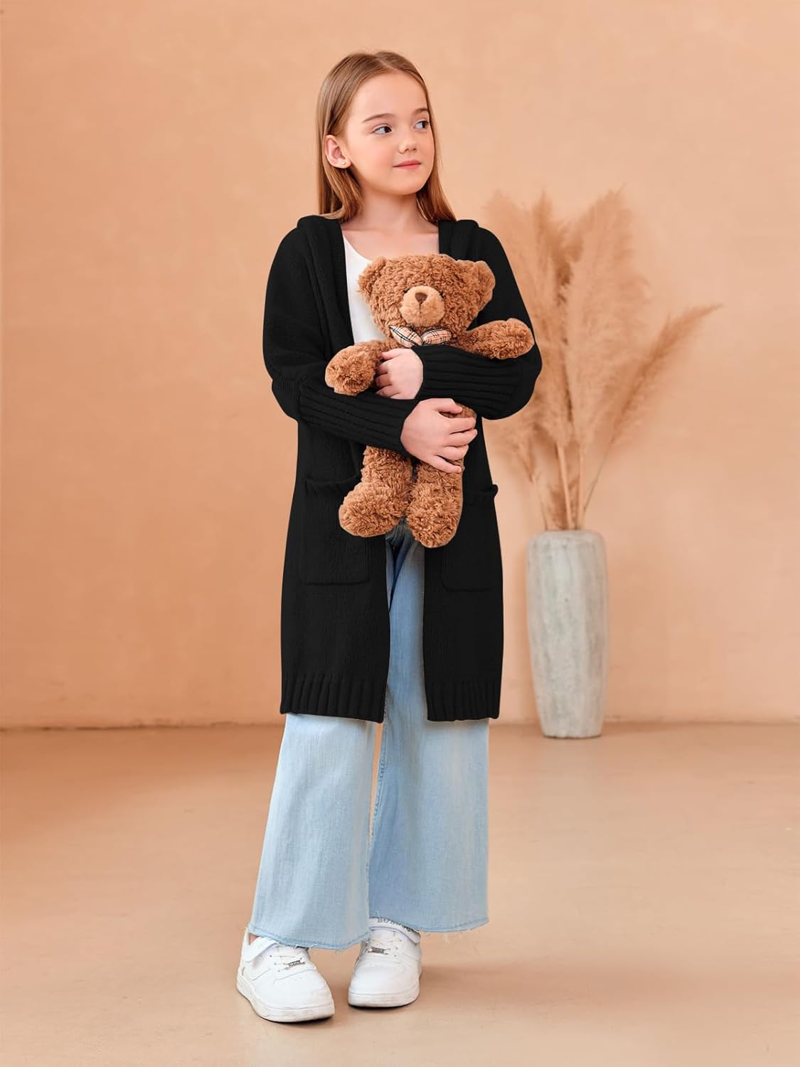 Girls Hooded Long Cardigan Kids Fashion Open Front Knit Sweater Outerwear Coat 5-14 Years - Image 2