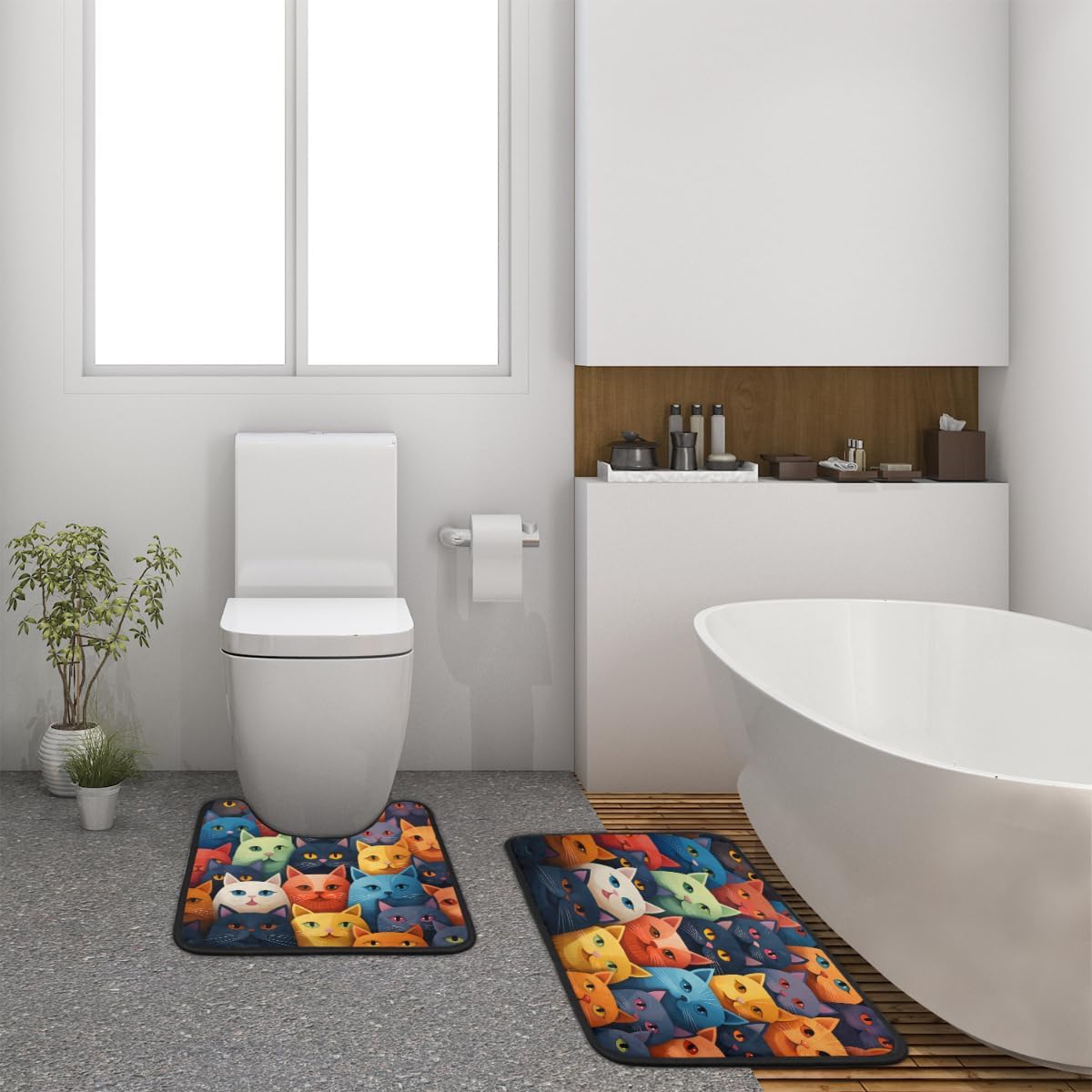 Bath Rugs Cartoon Cats Bath Mat Non Slip U-Shaped Toilet Rug Bath Mats Ultra Soft and Water Absorbent Bathroom Rug, Colorful Cat Bath Mats for Bathroom, Tub, Shower, Bathroom Rug Set