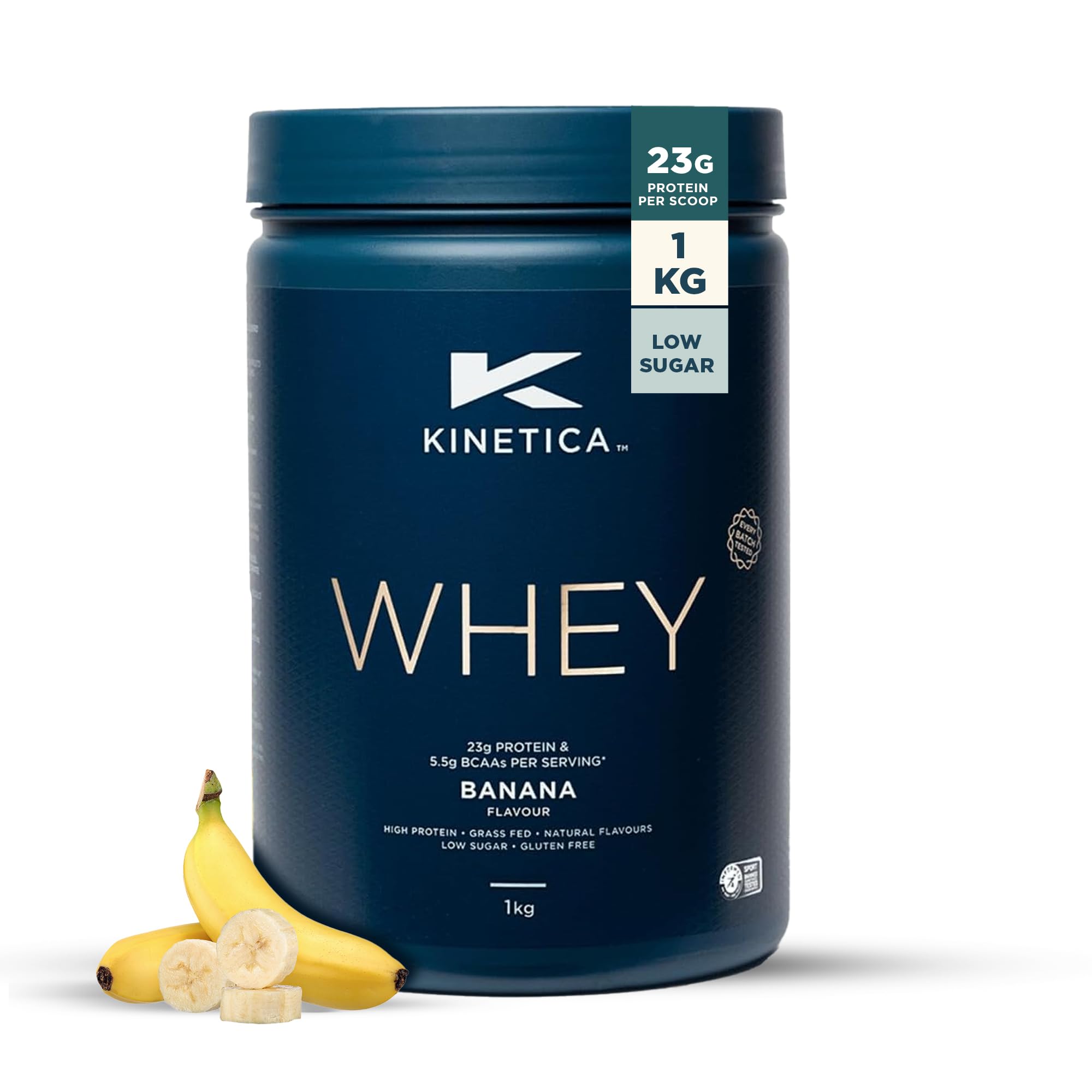 Sports Whey Protein Powder - Banana, 1 Kg, 33 Servings | 23g Protein, 5.5g BCAA Amino Acid & 4.32g Glutamine | Recovery Shake for Optimum Nutrition | WADA & Informed Sport Approved
