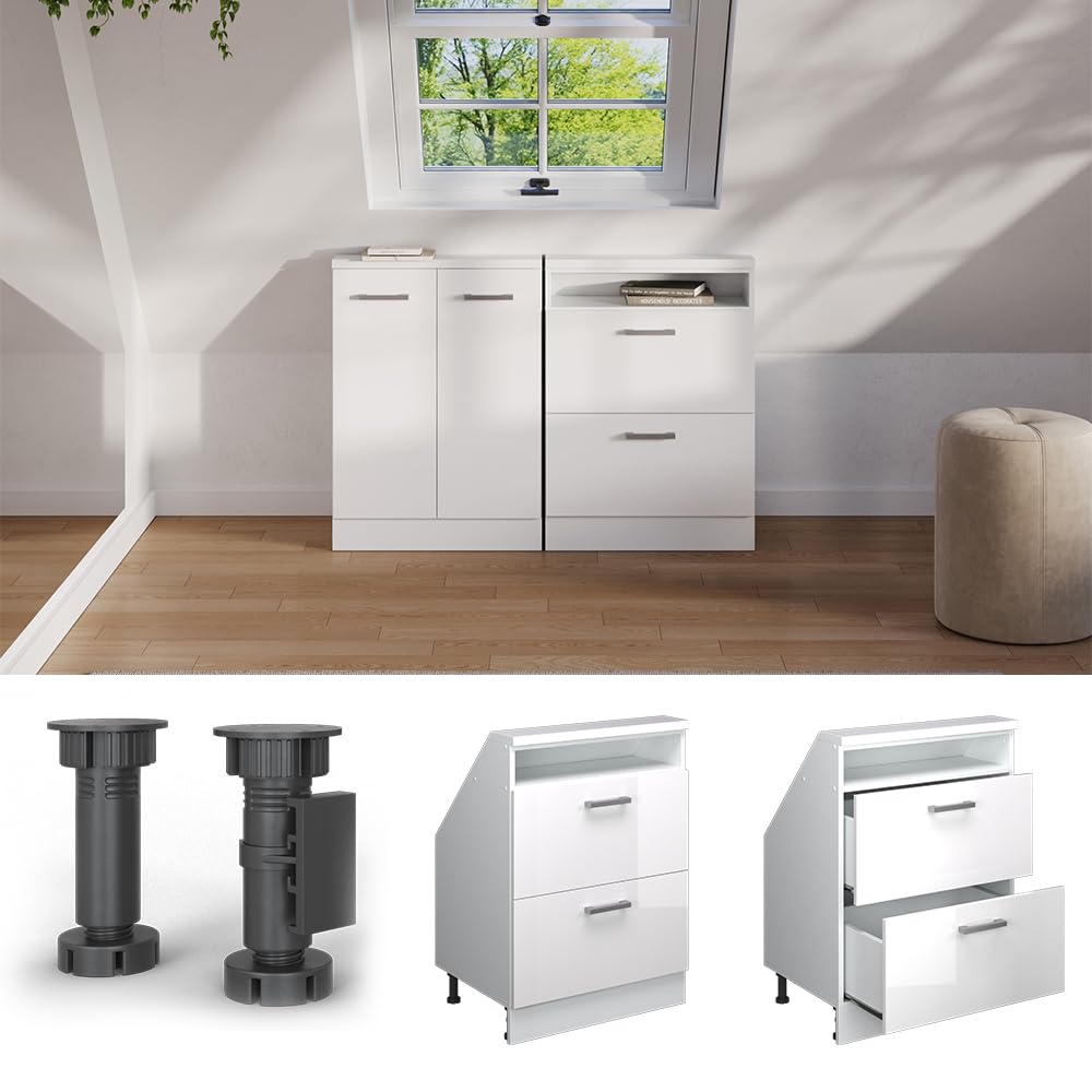 Vicco Szafa skosna Rion, Biały wysoki połysk/Biały, S60 x G46 cm z 2 szufladami, oszczędność miejsca pod skosami