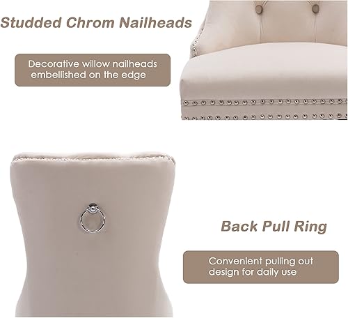 Miniatura 5 de KCC Nikki Collection - Juego de 2 sillas de comedor de terciopelo tapizadas de alta gama con anillo trasero de clavo, patas de madera maciza, estilo