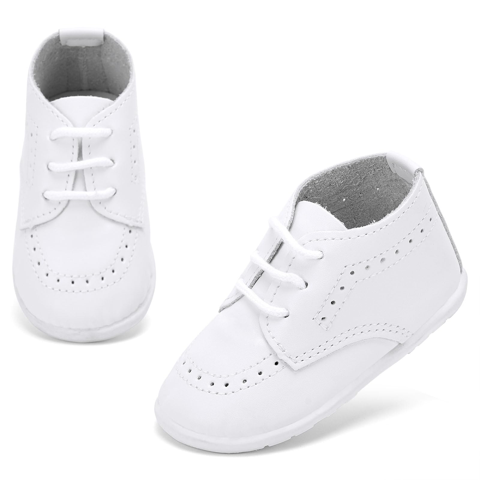 BACSAC Infant Boys Girls Classic PU Leather Wedding Loafers Brogue Toddler Oxford Dress Shoes First Steps Walking Flat Lazy Non-Slip Shoes White, 9-15 Months