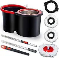 Mop Giratório Com Cesto Em Inox Vermelho - Com Escovão Para Limpeza Pesada Cabo C/140Cm Ajustável + 3 Esfregão de microfibra