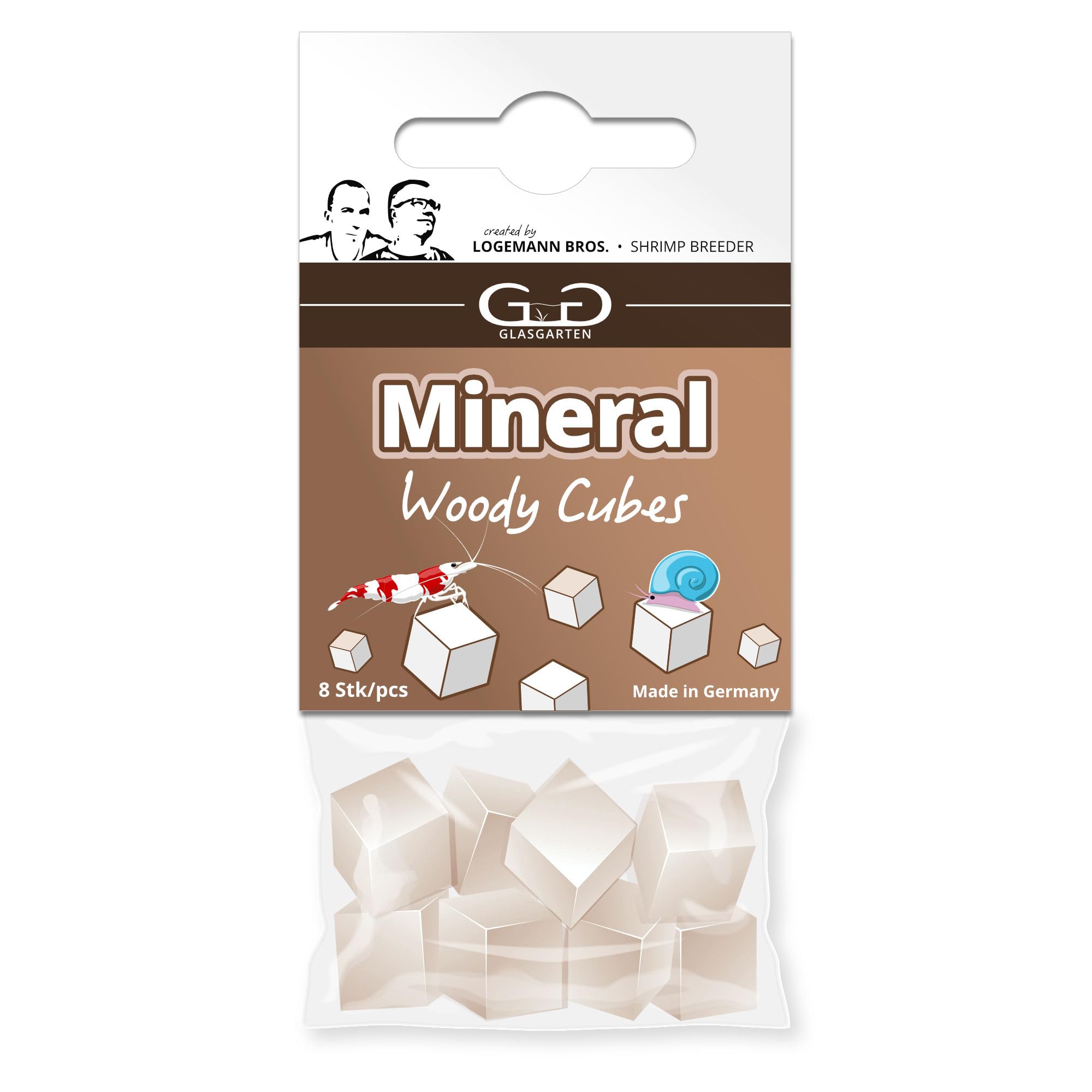 GlasGarten Mineral Woody Cubes | 8 pezzi – Mangime complementare/minerale per gamberetti decorativi, lumache e gamberi con minerali e fibre di legno