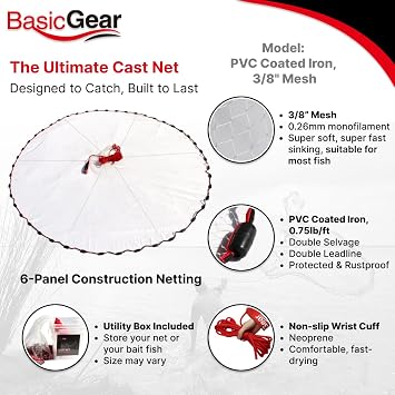 شبكة BasicGear Cast Net | 3ft-12ft Radius ، 3/8 أو 1/4 بوصة شبكة لأسماك المياه العذبة والمياه المالحة | الدرجة المهنية والمواد المحدثة | نمط الرمي