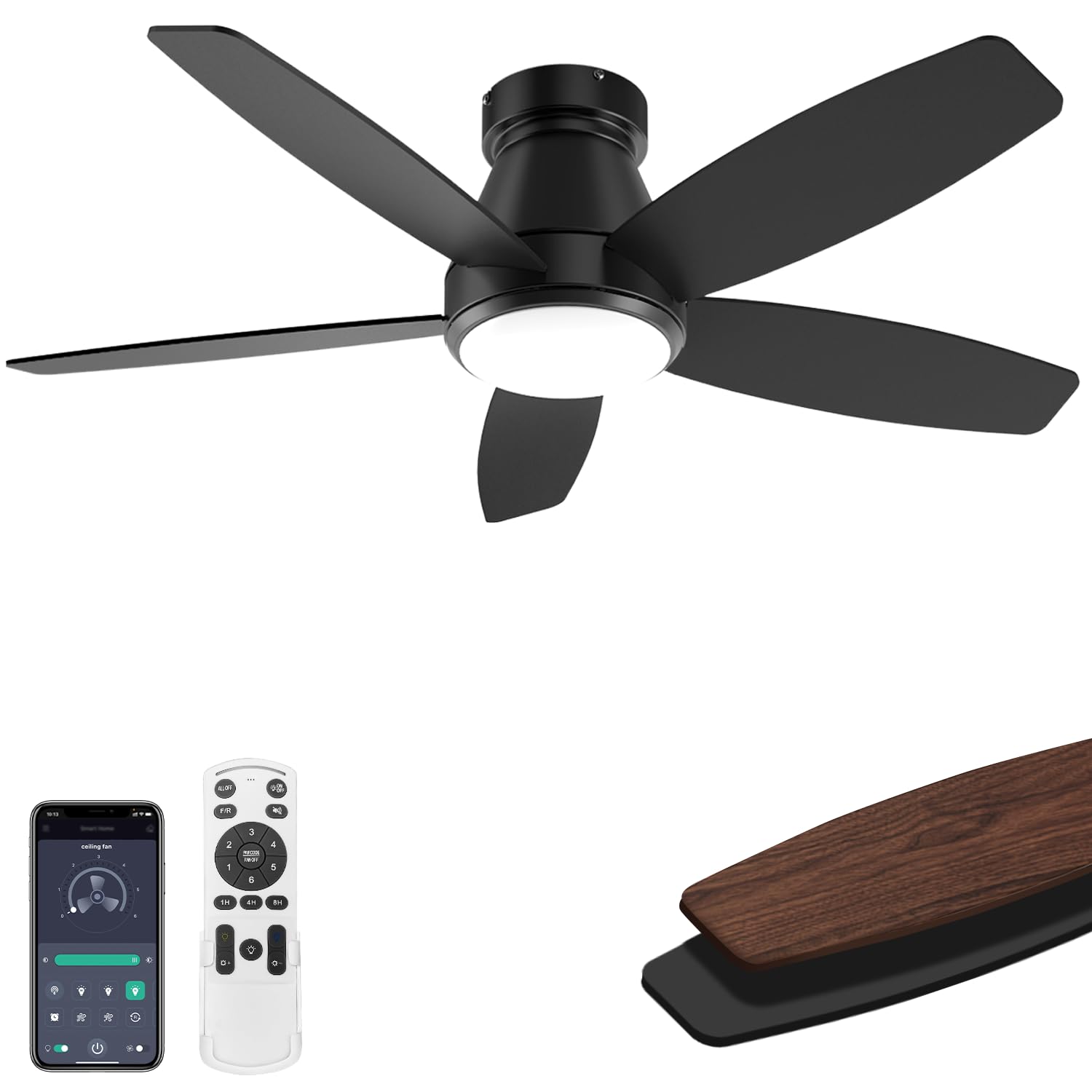 Ceiling Fans with Lights, 42 inch Ceiling Fans with Lights and Remote, Dimmable, Noiseless, Low Profile Ceiling Fan with Light for Bedroom, Indoor and Outdoor Use(Black)