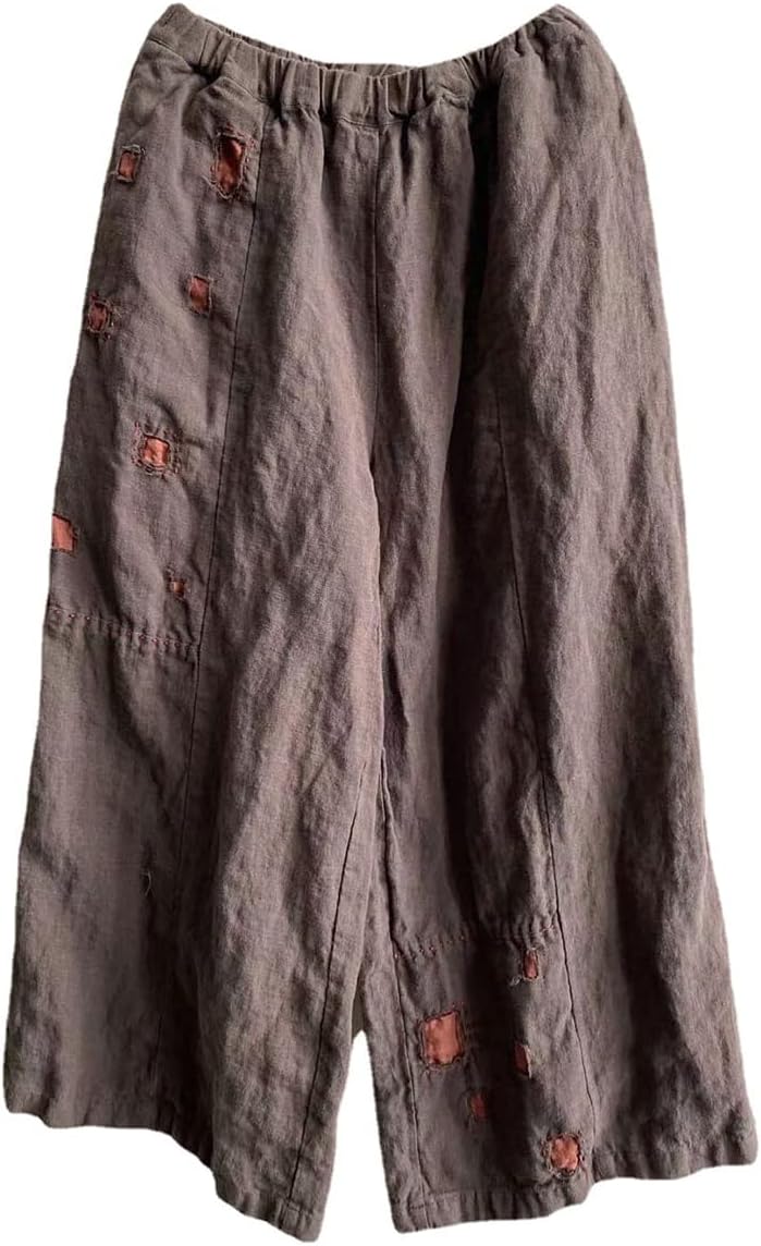 NFYM Womens Unique Patch Cropped Wide Leg Pants Casual Handmade Sewing 100% Linen Pants