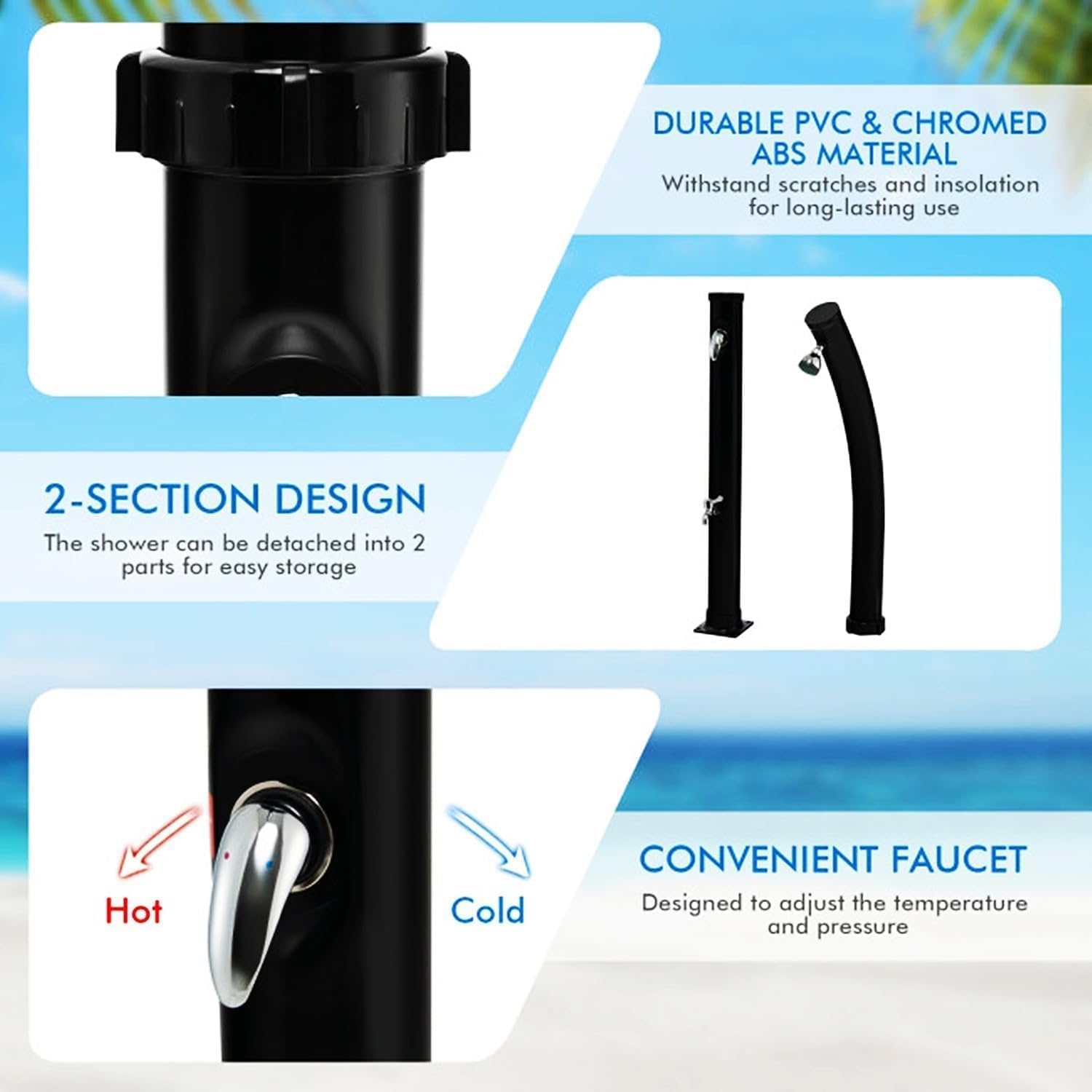 Kit de douche solaire d'extérieur avec pommeau de douche à effet pluie rotatif à 180° et robinet pour lavage des pieds