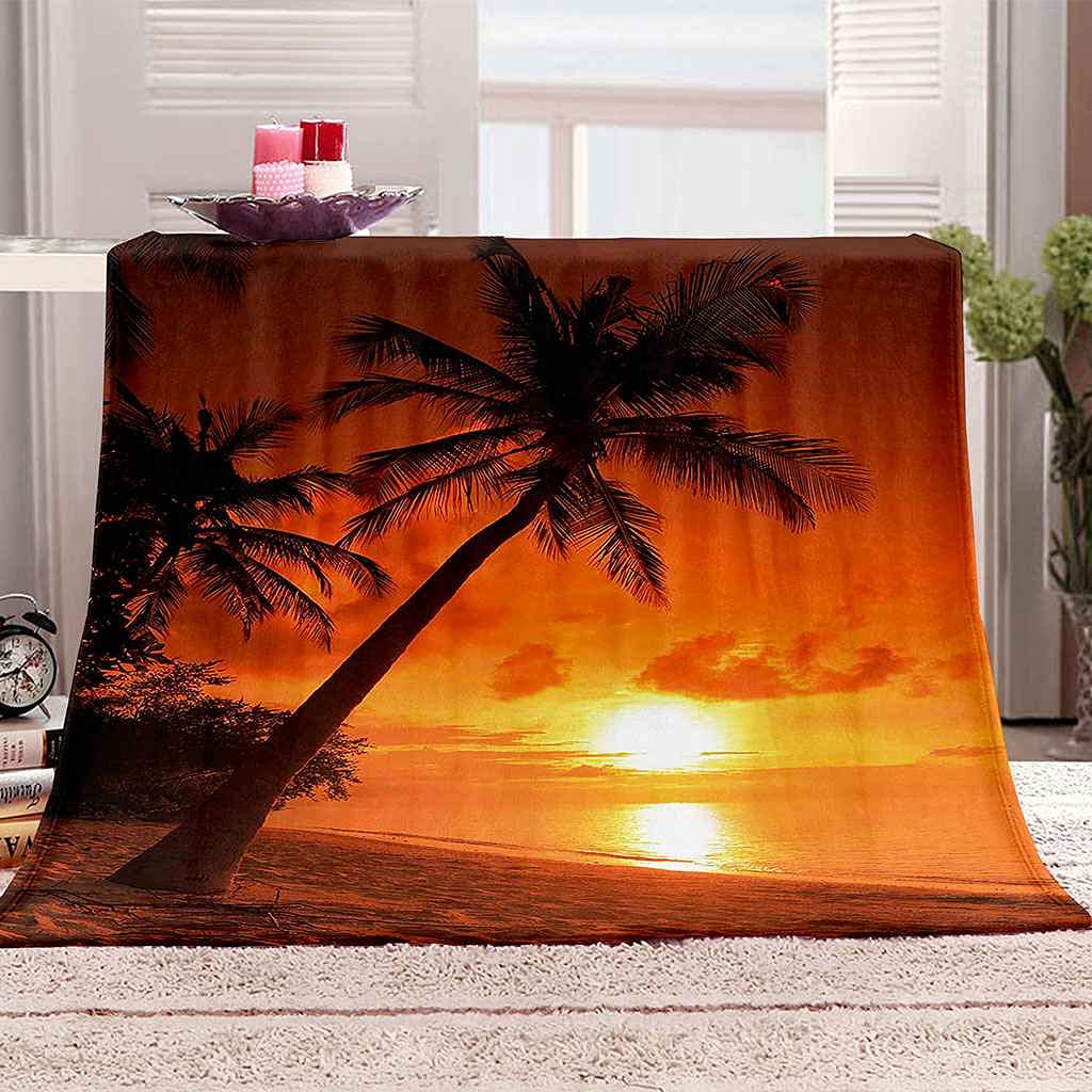 Couverture polaire pour canapé et lit motif paysage marin ciel rouge en flanelle douce