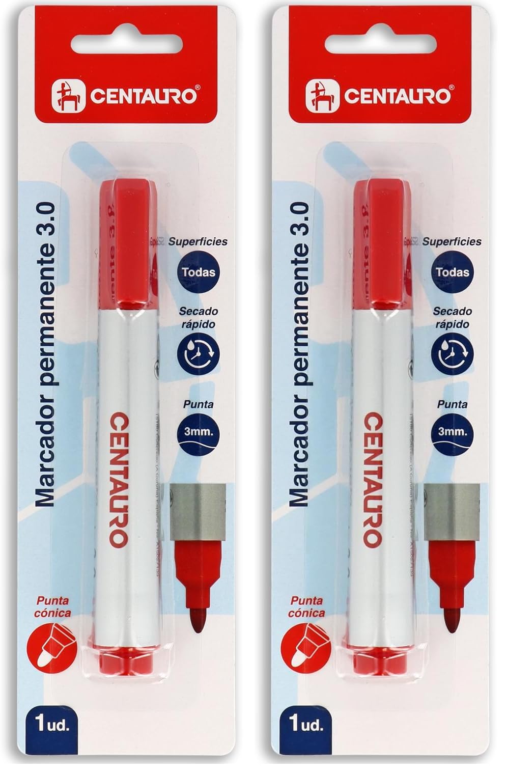 Centauro - Rotulador Permanente Rojo, 3mm, Punta Cónica, Secado Rápido, Tinta con Base Aceite, Apto Todo Tipo de Superficies, Metal, Cristal, Estaño, Plastico, Film Fotográfico, Madera, Papel y Cartón