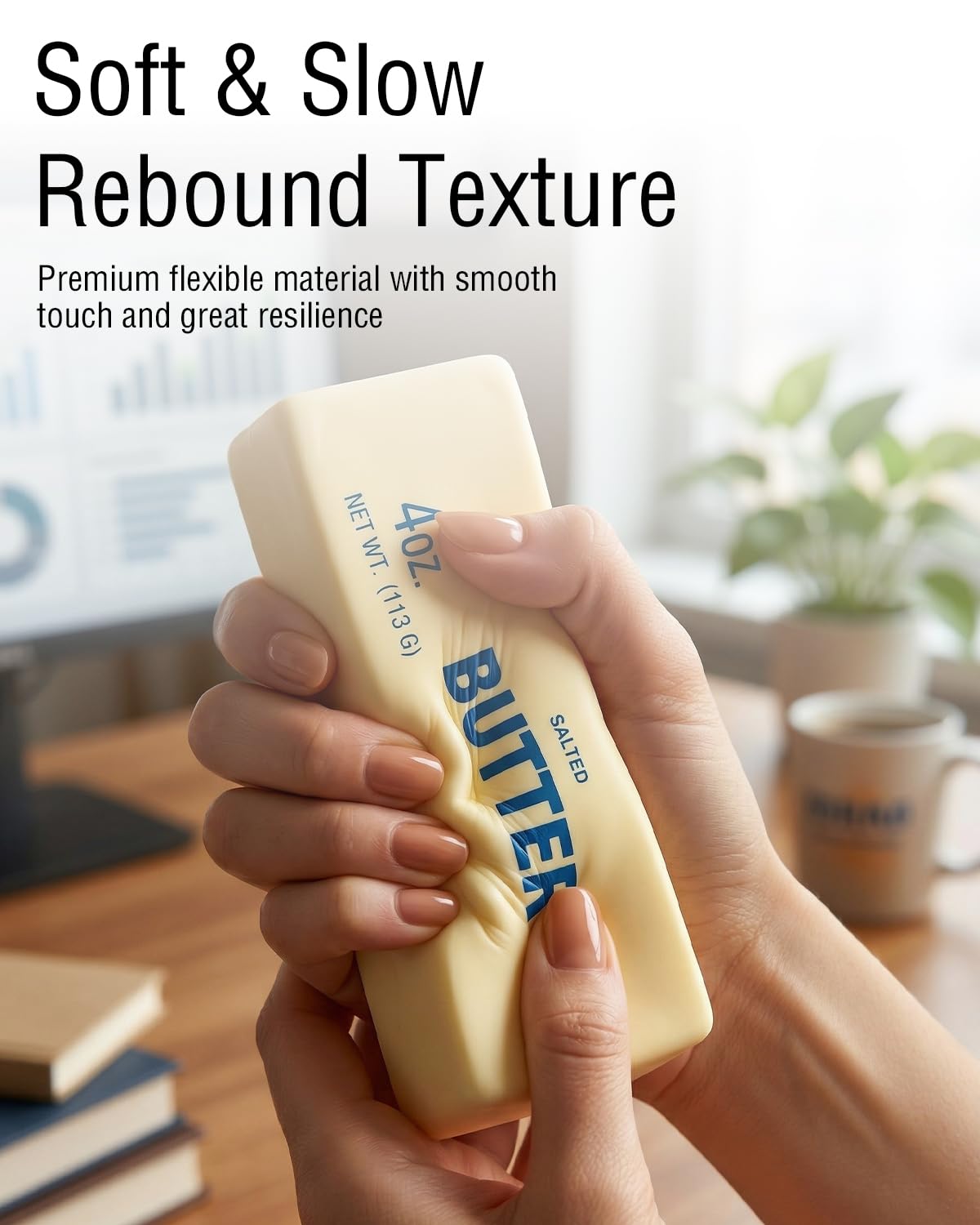 2Pcs Butter Squishy Stress Gadget for Adults, Slow Rebound Sensory Fidget, 5.5 × 1.4 inch Cute Realistic Butter Stick Shape, Funny Themed Desk Decor for Office & Home - 4