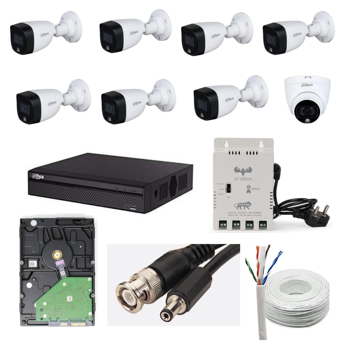 Dahua 2MP with Color HD with Audio CCTV Camera Full Set, 7 Bullet, 1 Dome, 8 Channel DVR, 8 Channel JK Vision Power Supply, 1TB Hard Disk, 90 Meter Cable, BNC/DC Connector