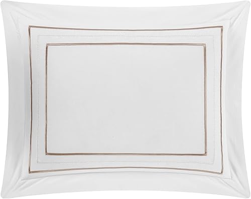 Miniatura 4 de Chic Home Milos - Juego de edredón de algodón de 4 piezas, color blanco sólido con borde bordado de doble raya, ropa de cama de la colección de