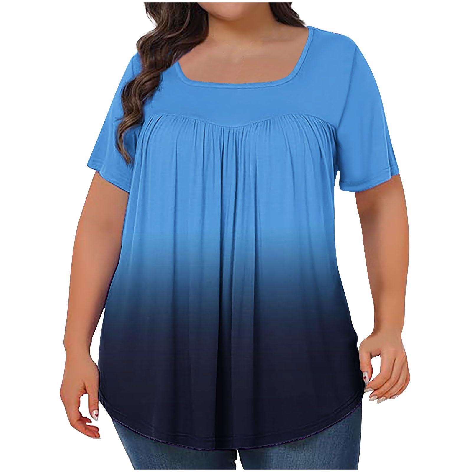 Womens Plus Size Tops Short Sleeve Gradient Shirts Dressy Casual Blouses Square Neck Pleated Tunic Loose Clothes