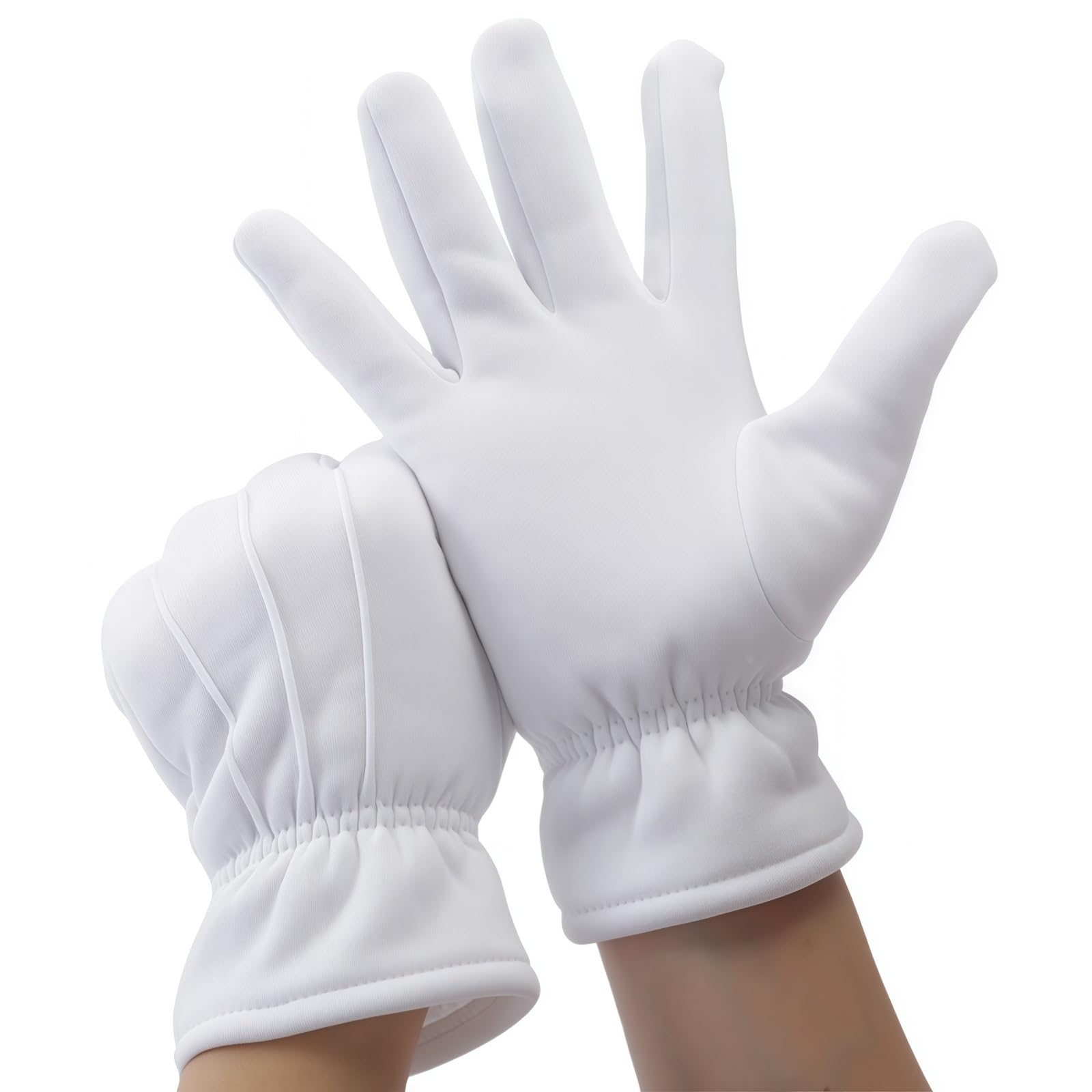 RuiChy Mens Cotton White Gloves with Elastic Cuff, Stitched Polar Fleece Thermal Liner Formal Tuxedo Costume Police Uniform Parade Honor Guard Fancy Dress Gloves for Jewelry Inspections Wedding