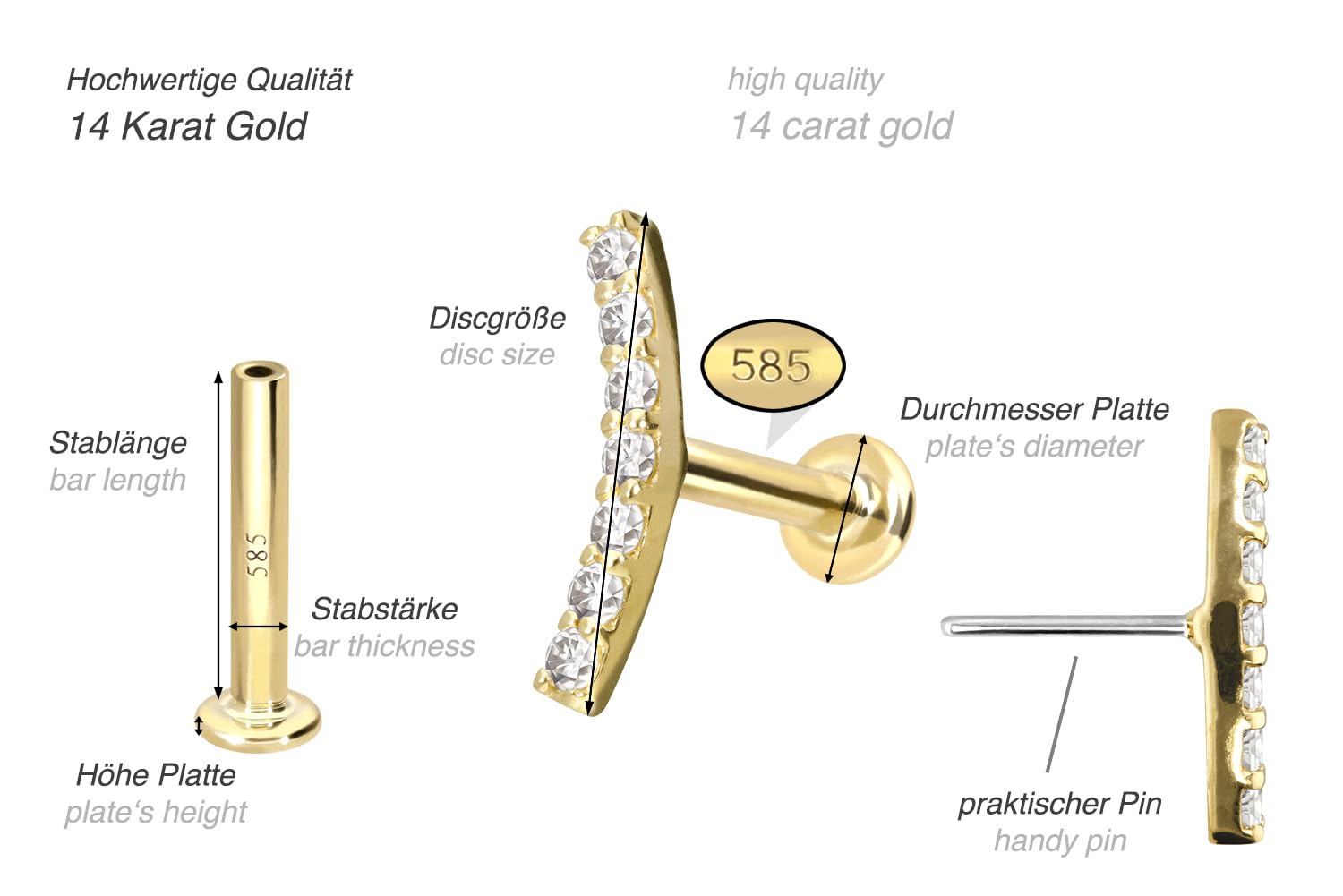 PIERCINGLINE 14 Karat Gold Labret Ohr-Piercing mit Push Fit MOISSANIT-BOGEN 0,042 kt Farb & Größenauswahl
