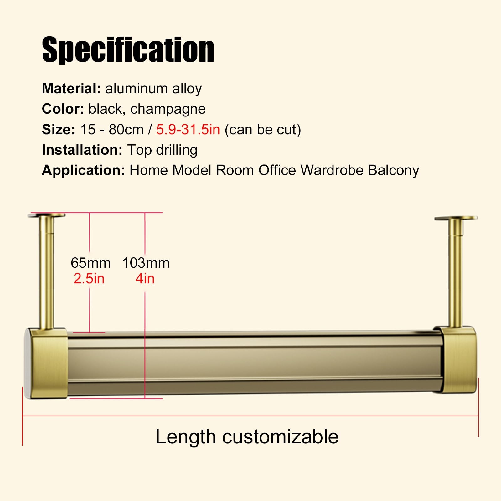 Kleiderstange Schrank U-förmig Schrank-Hängestange, 15 20 25 35 40 50 60 70 80 cm Lang Garderobenstange, Kleiderstange Aus Metall Und Aluminium mit Leisem und Rutschfestem Gummistreifen ( Color : Cham