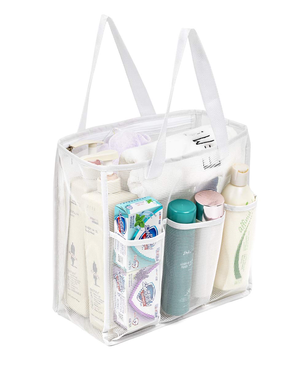 ALYER Big Mesh Shower Bag Tote,Portable Dry Wet Separation Bath Organizer with a Clear Zippered PVC Pocket (White)
