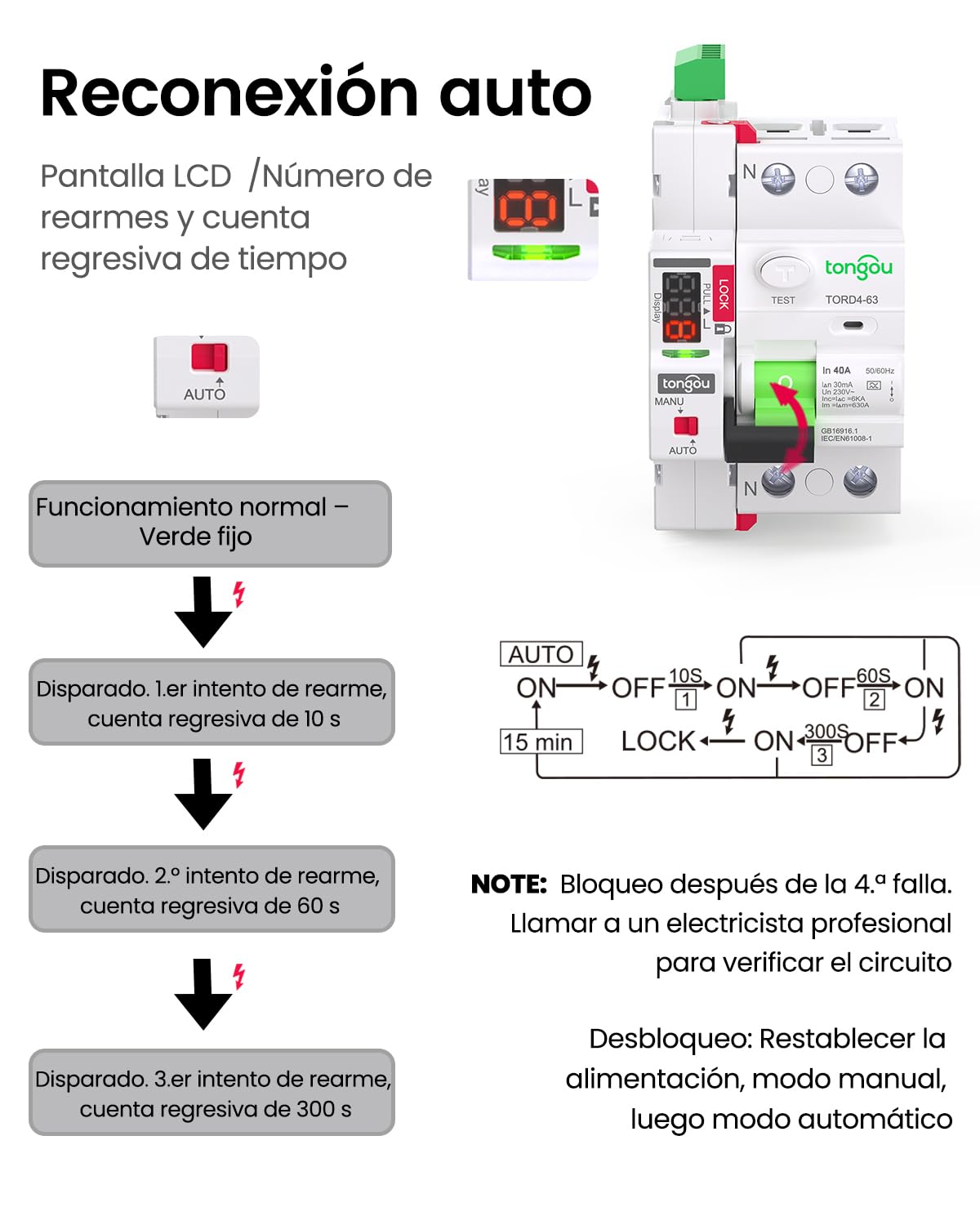 TONGOU Diferencial Auto Rearmable, Diferencial 40A 30mA, Tipo A 1P+N 230V, Diferencial Superinmunizado Rearmable, Aplicable a Viviendas Familiares, Edificios Comerciales Pequeños, etc