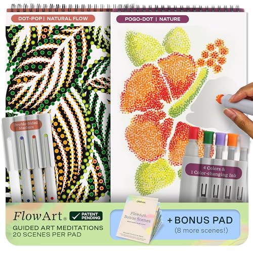 Lifelines FlowArt Activity Pad, 2-Pack & Bonus Pad - Guided Dot Art Meditations with Markers – Dot-Pop and Pogo-Dot Coloring Books for Tweens, Adults & Seniors