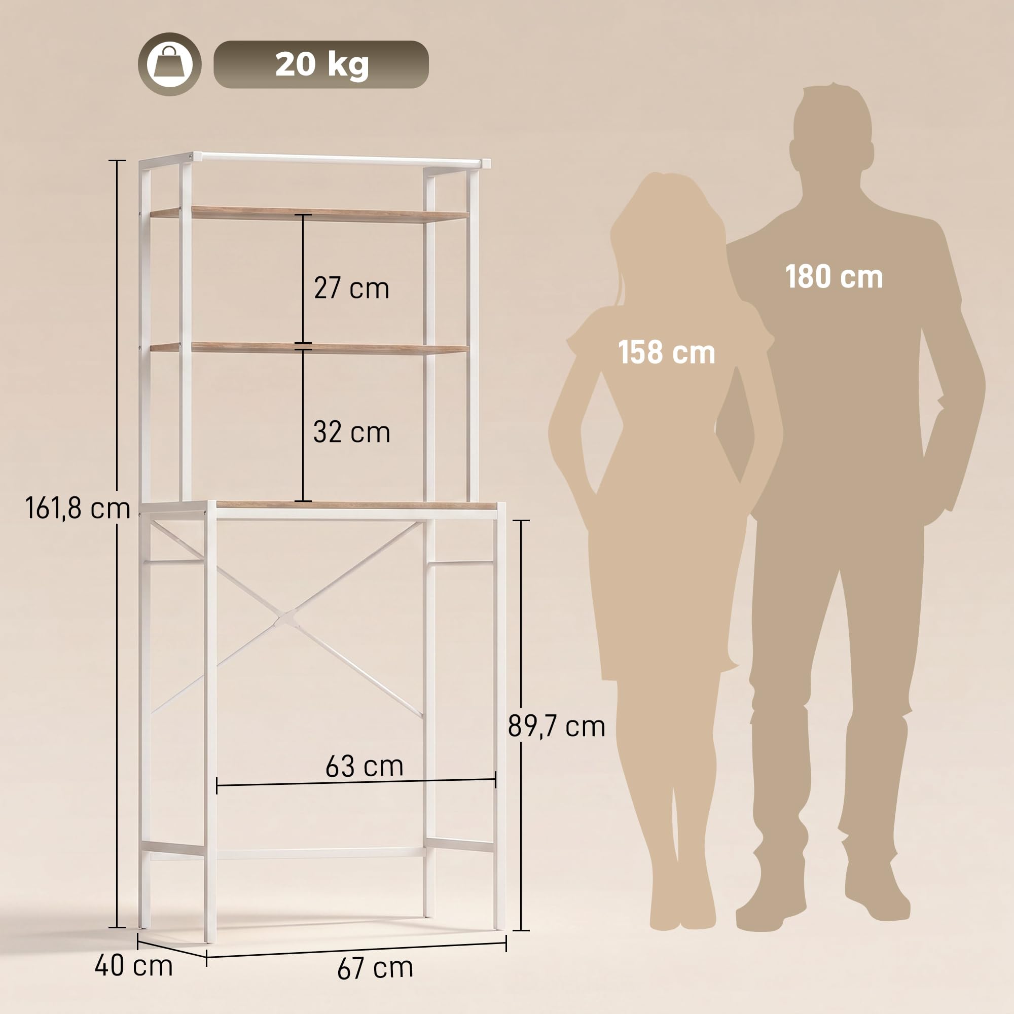 HOMCOM Estante para Lavadora 3 Niveles 67x40x161,8 cm Marrón y Blanco
