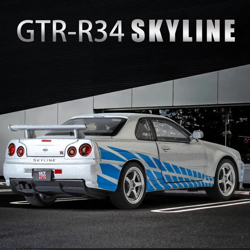 FUNABLO Scale Exclusive Alloy Metal Pull Back Die-cast Car Model with Sound Light Mini Auto Toy for Kids Metal Model Toy Car with Sound and Light (1:24 NISS-an GTR R34 -Silver) 1