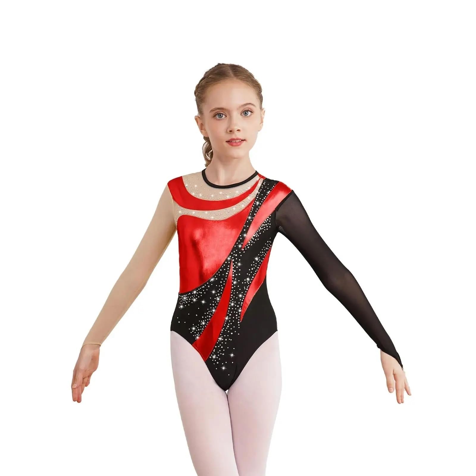 Maillot Gimnasia Ritmica Maillot de Gimnasia Brillante for niñas, Maillot de Ballet, Mono de Malla de Manga Larga, Mono metálico for Patinaje artístico(Color 1,8)