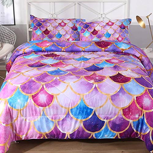 Multi Pink Mermaid Scale Comforter Sets 3 Pieces, Full Size Teen Girls Quilted Bedspread Coverlet Kids Comforter Sets,Pink Mermaid Scale Bedding Sets Full