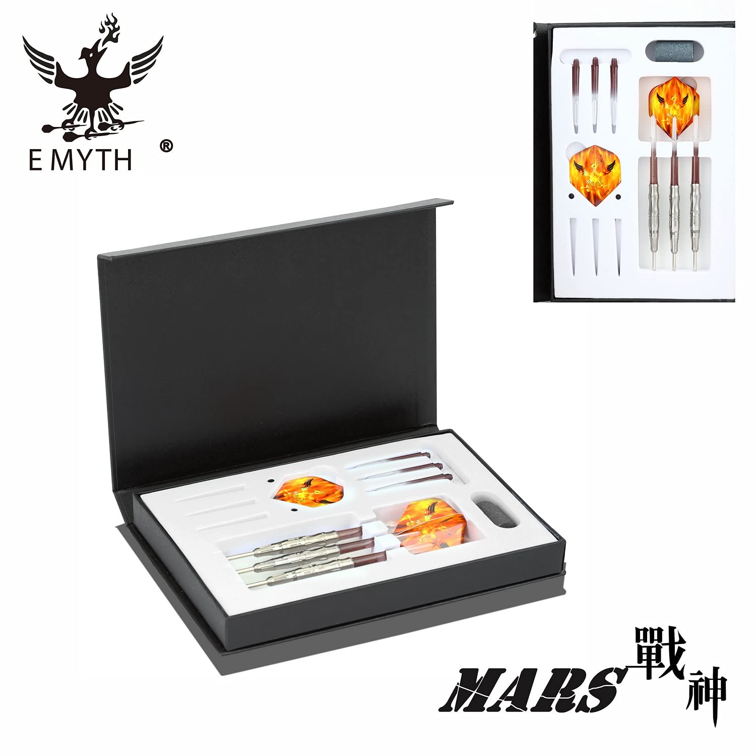 EMYTH Mars - Set di freccette con punta in acciaio al 90% al tungsteno, 21 g, 7,4 mm x 47 mm, corpo segmentato 3D fresato opaco antiscivolo, accessori completi per tornei e giochi domestici