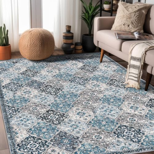 KILOCOCO 8x10 Area Rug, Moroccan Super Soft Washable Entryway Rug, Accent Print Faux Wool Non-Slip Boho Carpet for Laundry Room Bedroom, Blue/Multi