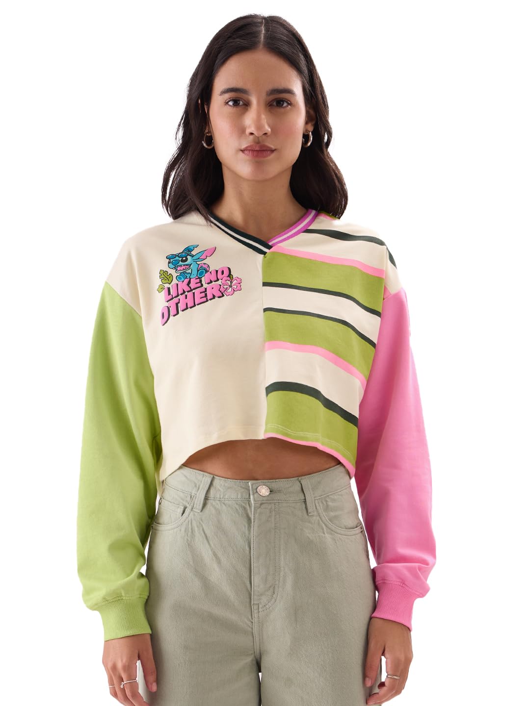 The Souled Store Lilo & Stitch Graphic Cropped Top – 100% Cotton, Oversized Fit, Multicolour Print | Women/Girls Full Sleeves V Neck Fashion Top