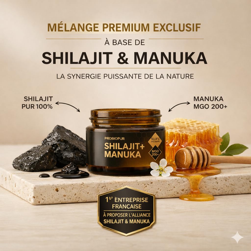 PROBIOPUR - Shilajit + Manuka – 50g -Formule exclusive 2-en-1 – Résine 100% pure Himalaya + Manuka MGO 200+ – Acide fulvique 90% – Marque française – 100% naturel