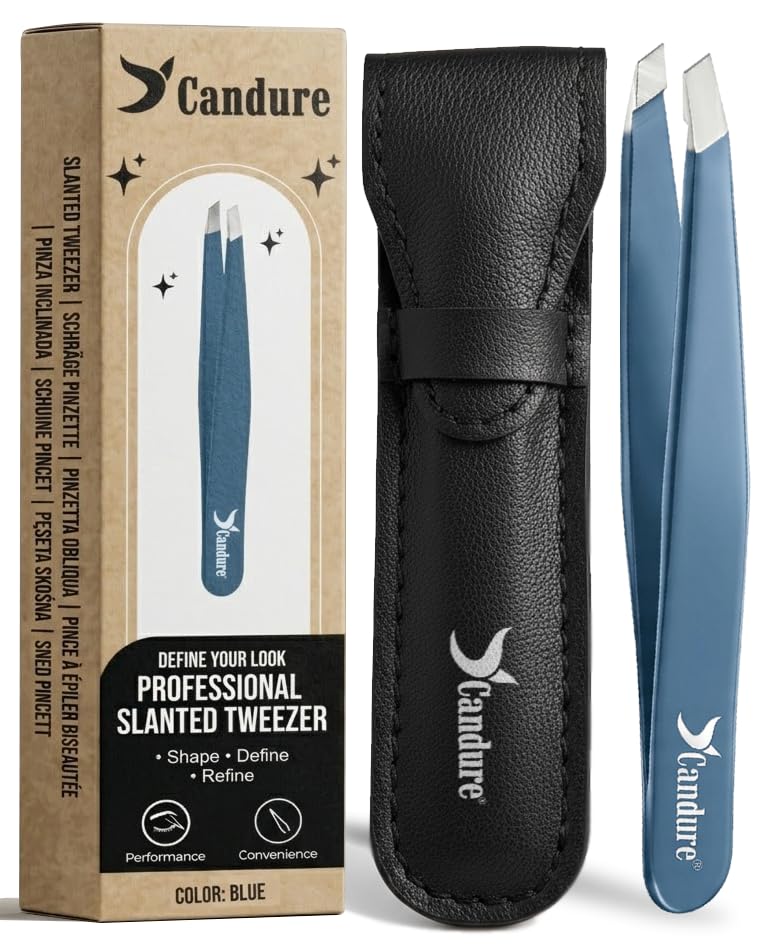Candure Pinzas Depilar Profesionales Punta Oblicua – Pinzas Precisión Acero Inoxidable para Cejas, Vello Facial y Mentón, Pelo Encarnado y Astillas, Hombres y Mujeres, con Estuche de Cuero (Azul)