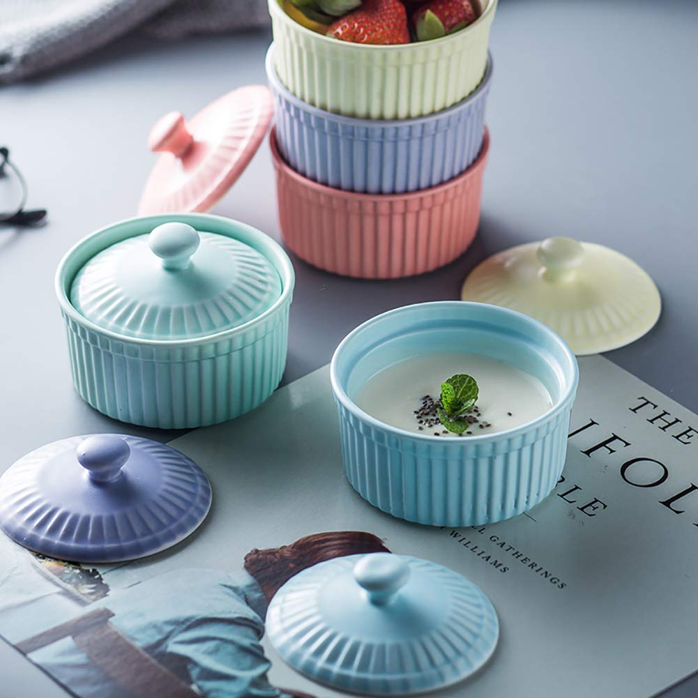 5er Set Soufflé Förmchen Mit Deckel, Creme Brulee Schälchen Formen Aus Porzellan, Mini Ofenfeste Förmchen Pastetenförmchen Aus Keramik, Dessertschale Förmchen Für Muffins, Cupcakes, Dessert Und Obst