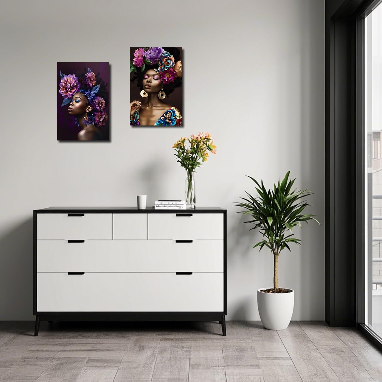 LZIMU Afroamerikanische Bilder 2-teilig Leinwandbilder mit schwarzem Mädchen abstrakte schwarze Frauen Kunstdrucke gerahmte Wohndeko (Orange, 60x90cmx2 Teilig)