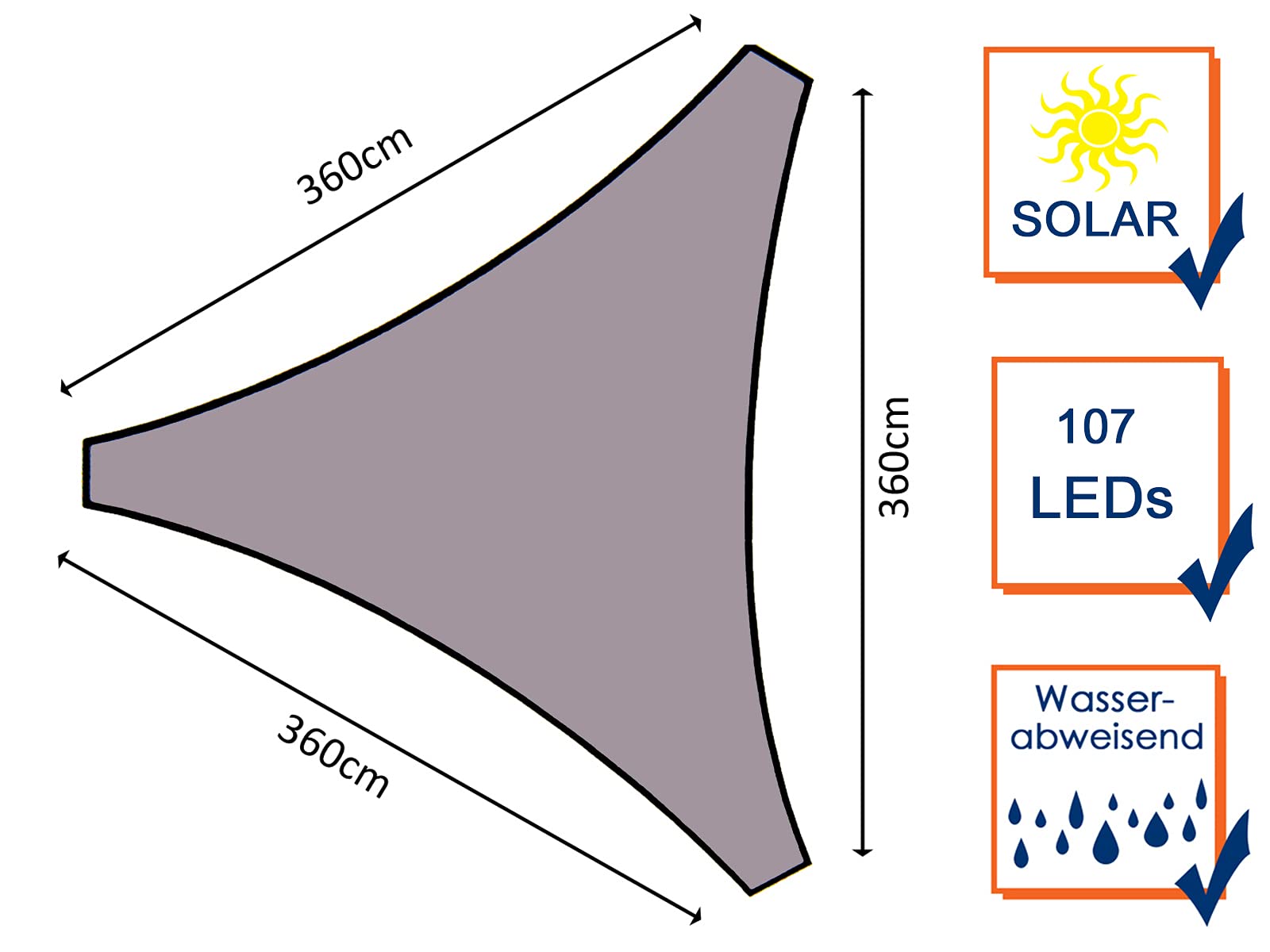 Perel Vela ombreggiante triangolare con 107 LEDs, poliestere idrorepellente, protezione UV 95%, 3.6 x 3.6 x 3.6 m illuminazione LED solare, shade sail per giardino e terrazza, taupe