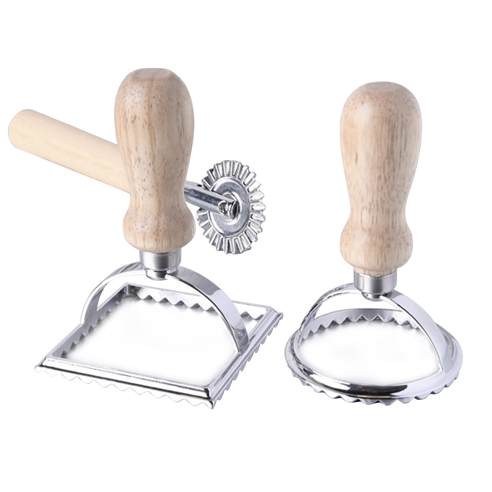 Ravioli Stamp Maker Cutter, Ravioli Cutters Mold with Wooden Handle and Fluted Edge Pasta Press Kitchen Attachment with Pastry Cutter Wheel for Making Ravioli, Empanadillas or Cookies- 3 Set